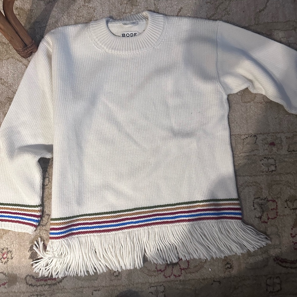 Men's White Fringe Hem Crewneck Sweater with Multicolor Stripe